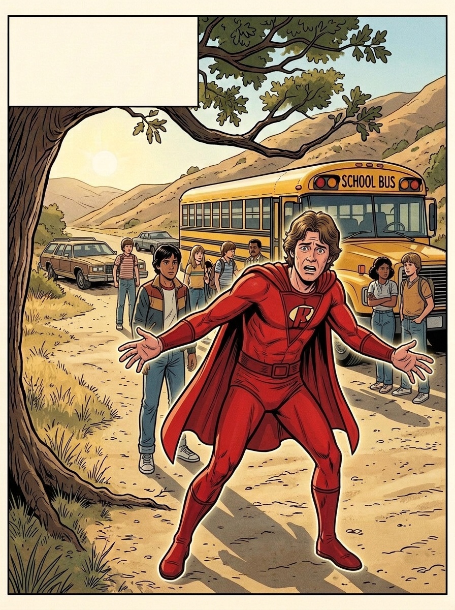 Ralph, in the red suit, takes off above the field, arms out. His flight is wobbly from the start.