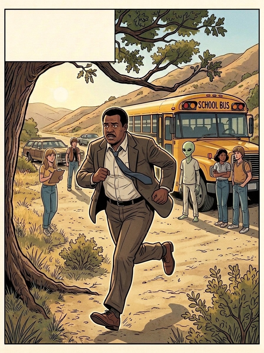 Bill runs beside the flight path, waving frantically, yelling instructions.