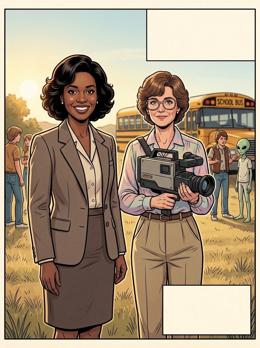 Pam steps in front of Mrs. Halloran, blocking the camera view, smiling tightly.