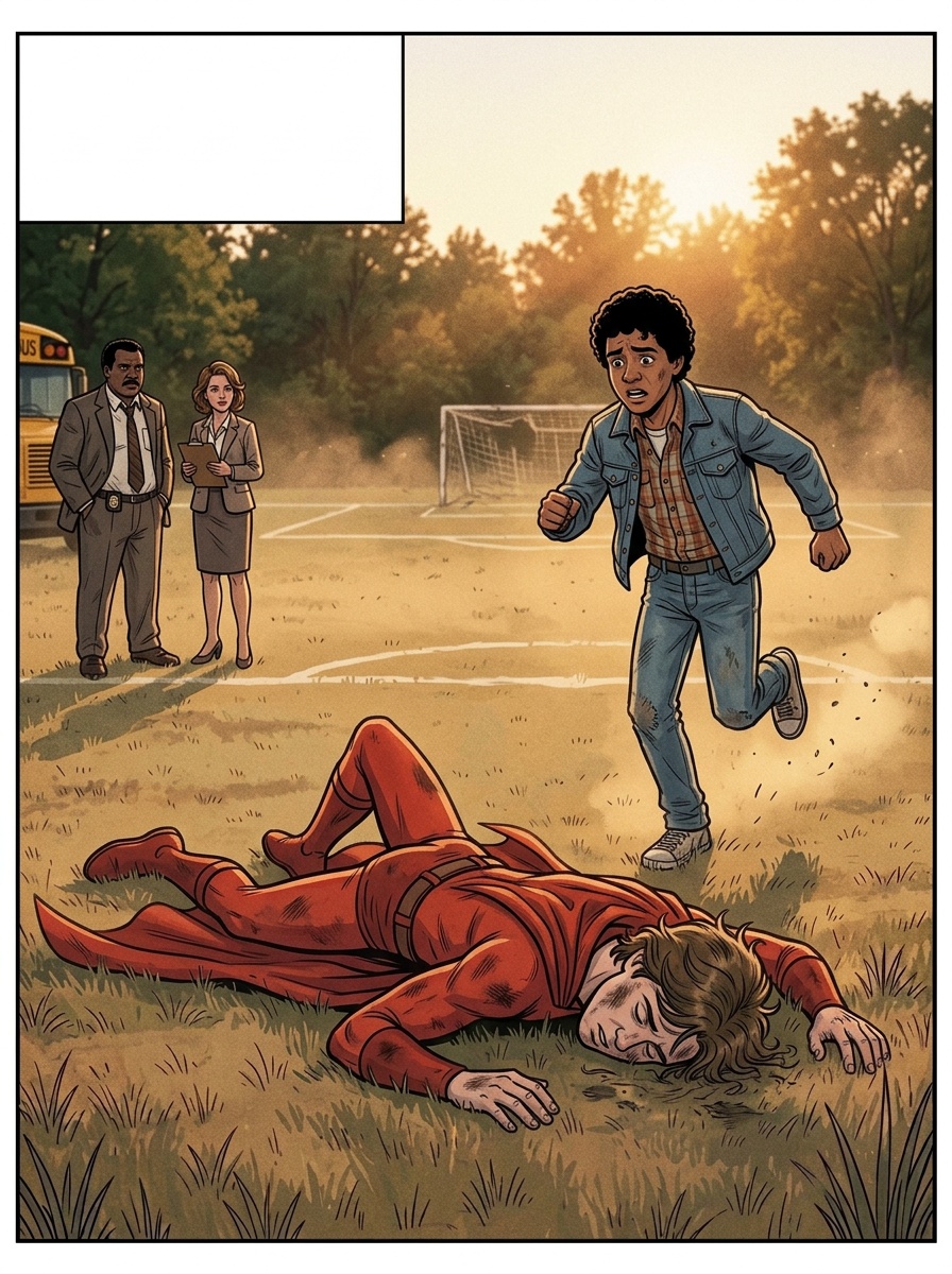 Ralph crashes onto the empty school soccer field, raising dust, landing hard but alive; Tony runs toward him, worried.