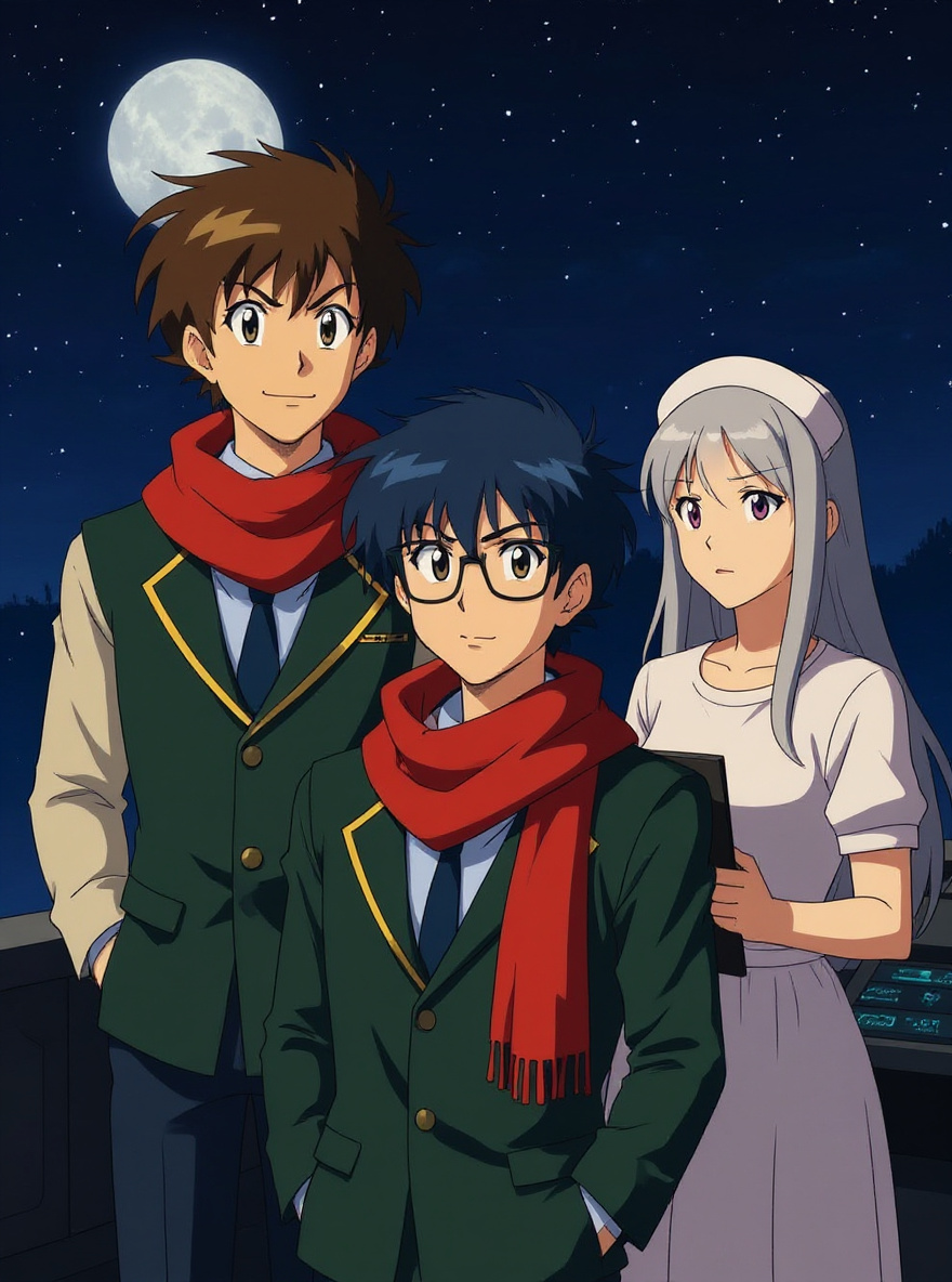 The Soyokaze floats near the demarcation line, distant Raalgon ships on sensors. The bridge is filled with tension, Tylor lounging in his chair, Yuriko standing alert at her console, Yamamoto anxious and clutching his clipboard, Harumi entering quietly, background awash with starfields and warship lights.