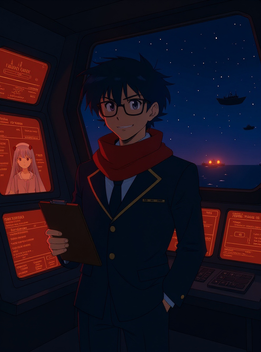 Sensor display shows a line of Raalgon ships lighting up, readying weapons. Yamamoto leans in, clipboard trembling, eyes wide. Background: bridge displays flashing red.
