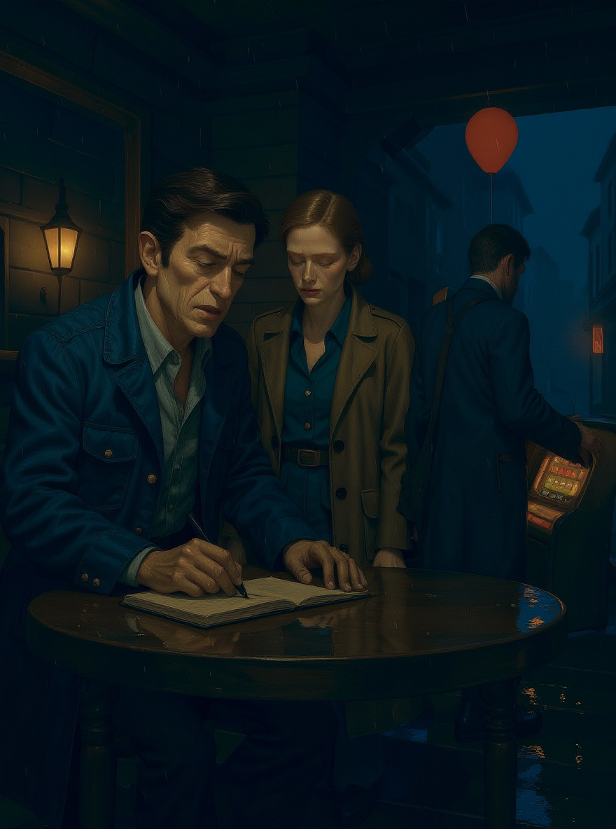 Inside the bar: Rachel stands at the warped counter, fingers tracing letters in the wood; Benny slouches at a toppled stool, Stencil searches near a broken jukebox.