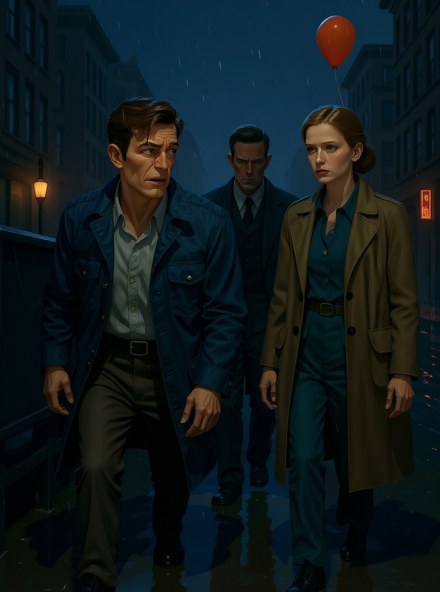 Rachel glances at Benny, concern on her face, while Benny shrugs, hands in pockets, indifferent to Stencil's obsession.