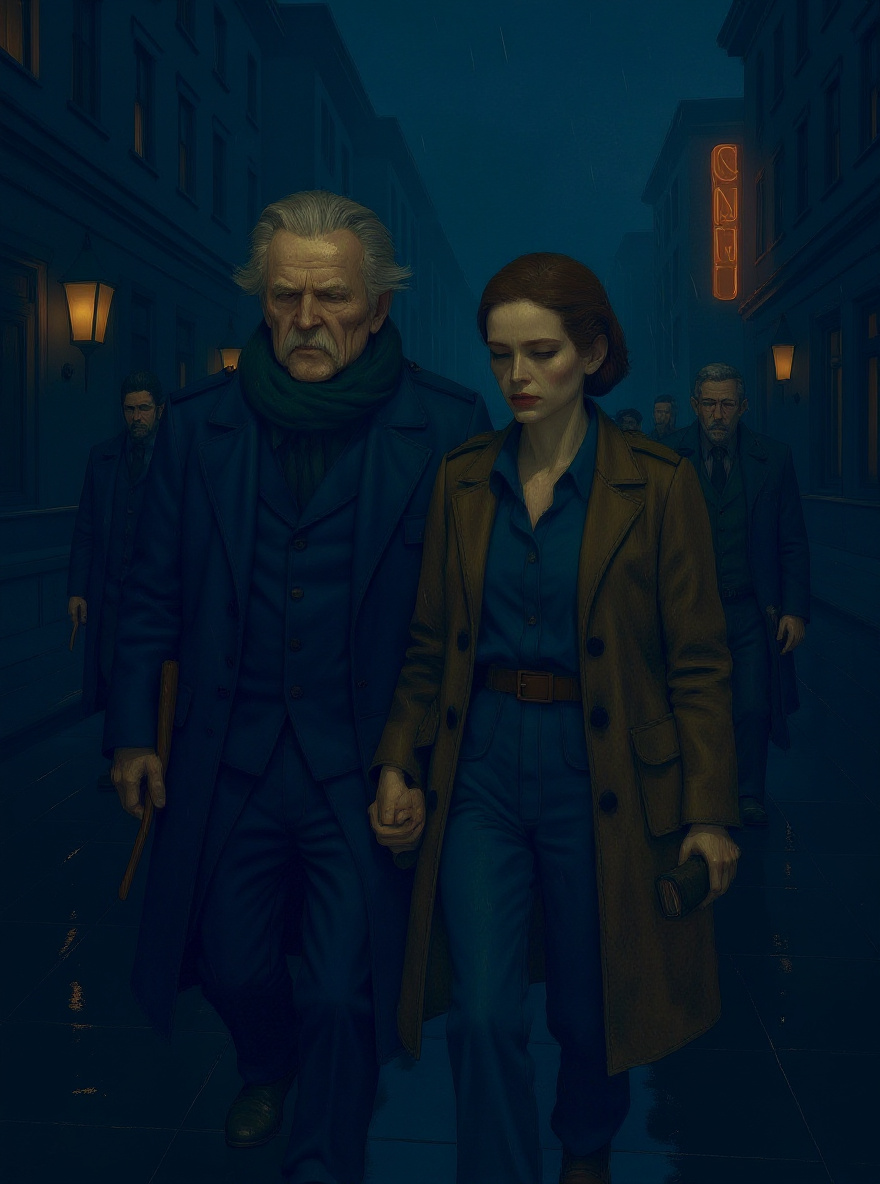 Exterior: rain flickers in neon as the Crew emerges, shadows stretching on the wet sidewalk.