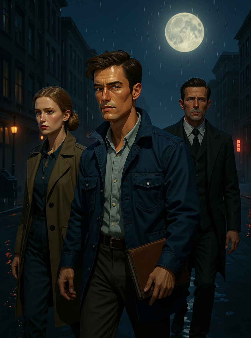 Benny Profane and Rachel Owlglass walk together at the head of the Whole Sick Crew, stepping through rain-slicked, foggy 1950s New York streets, neon lights flickering. Period buildings and shadowy alleys surround them, with Herbert Stencil leading in the distance, trench coats and scarves catching the drizzle.