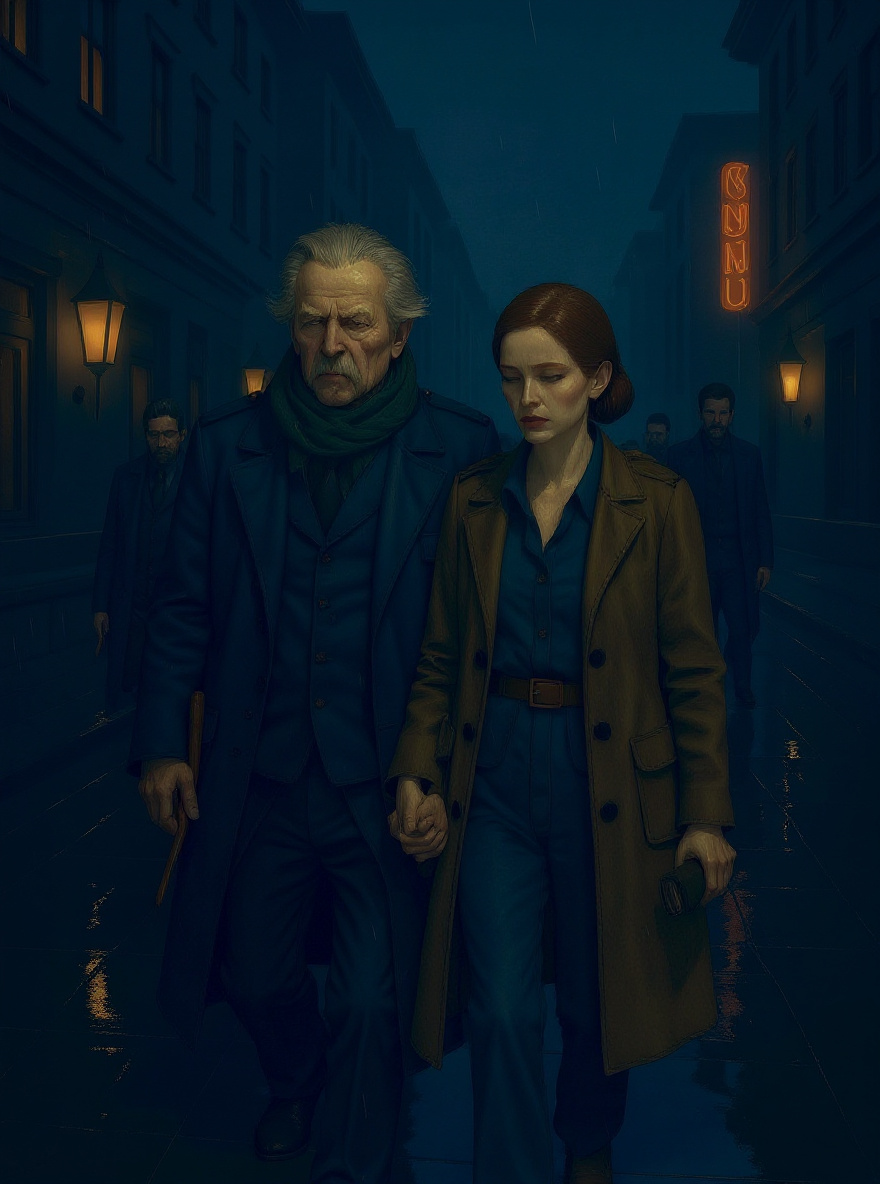 Benny slouches against the bar, Rachel beside him, hands nearly touching. The Crew disperses in the background, the city’s rain faint above.