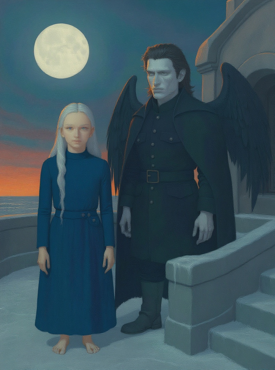 Final panel: Balcony empty, only the imprint of footsteps in the frost. The sky above remains moon-pale.