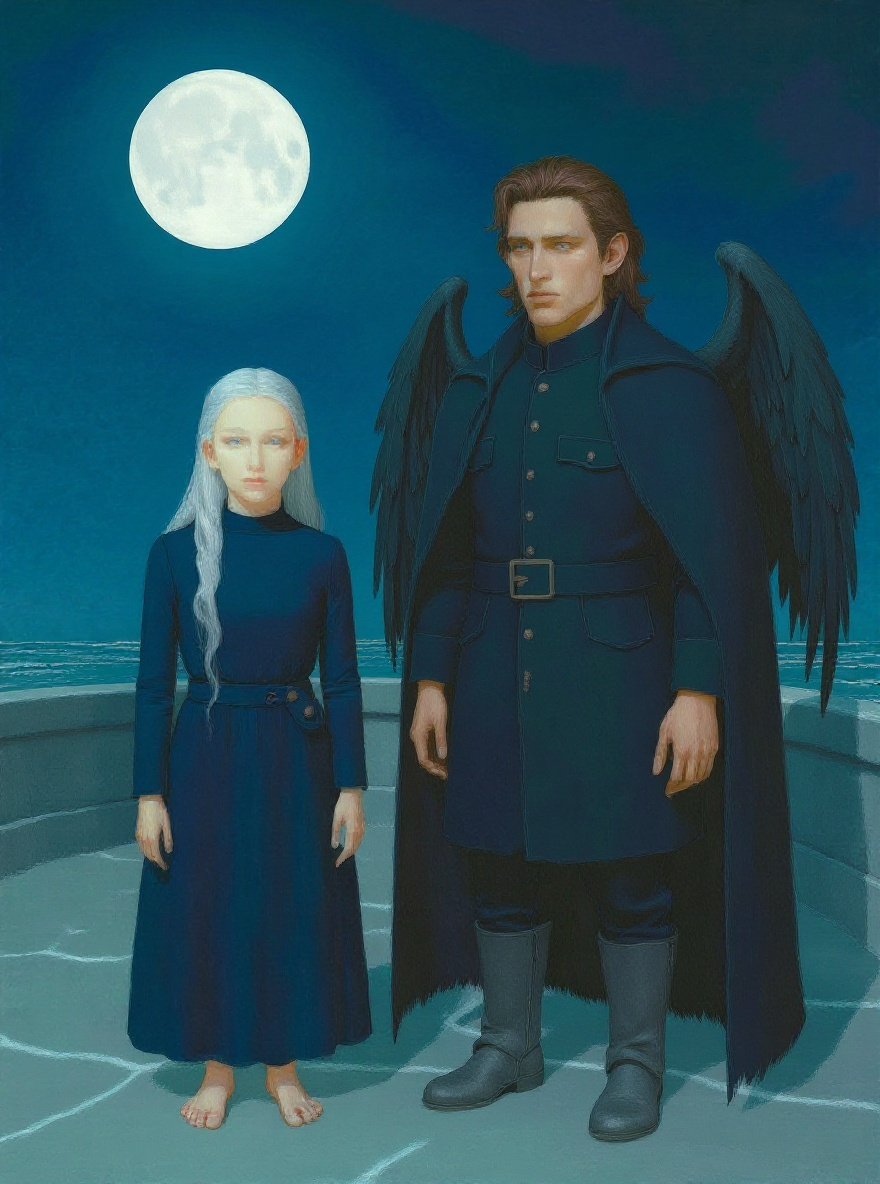 Wide shot: Aeriel stands alone, small and grim, the icari above restless, the Witch receding.