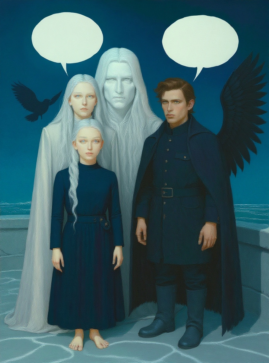 The icari, led by Irrylath, tense on the battlements—beautiful, tragic, hungry. All eyes on Aeriel and Oriencor below.