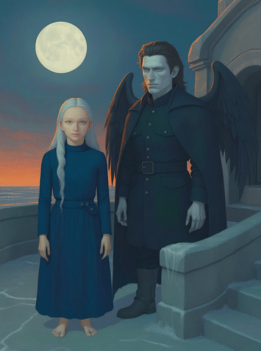 Aeriel descends a shadowed stair inside the keep, her face set, moonlight trailing behind her.