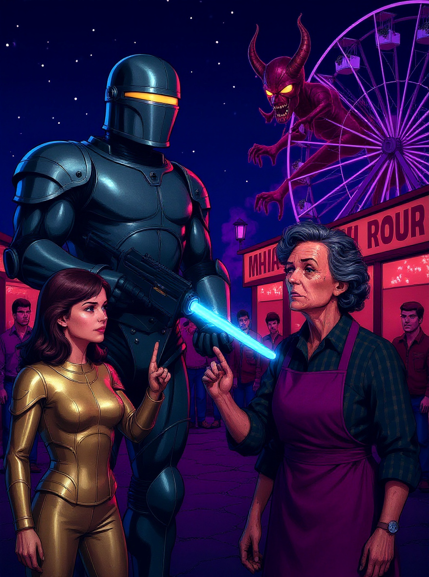 Brandy, amid chaos, places a steadying hand on Rom's wrist; Starshine lands in the background, Firefall approaches, fairgoers running past.