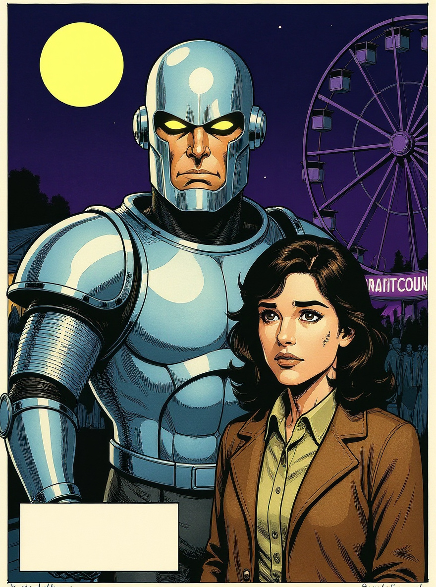 Rom turns to Brandy, his visor reflecting the fair's lights; Brandy stands close, her hand hesitating near his armored arm.