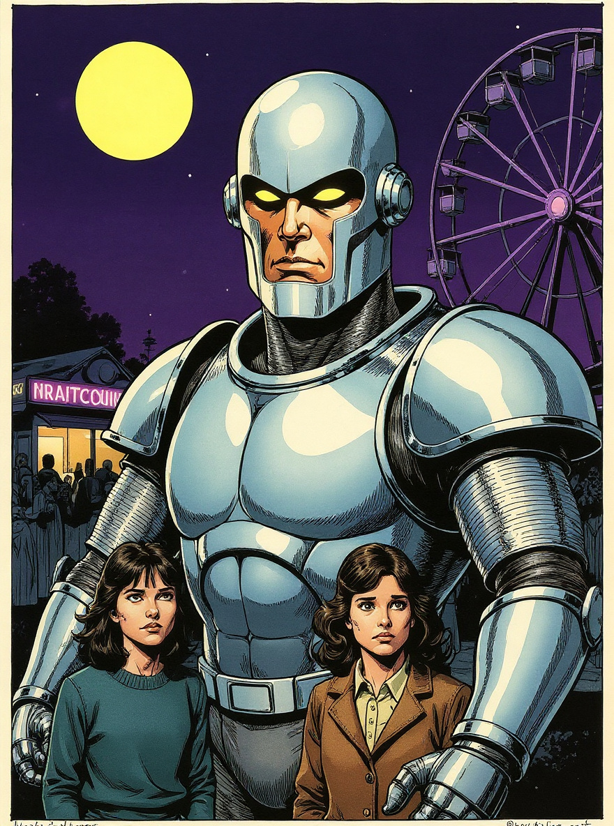 Night at a small-town county fair, Ferris wheel glowing purple under the moon, Rom stands alone amid crowds of families, his silver armor catching moonlight beside the bright spinning wheel and popcorn stands.