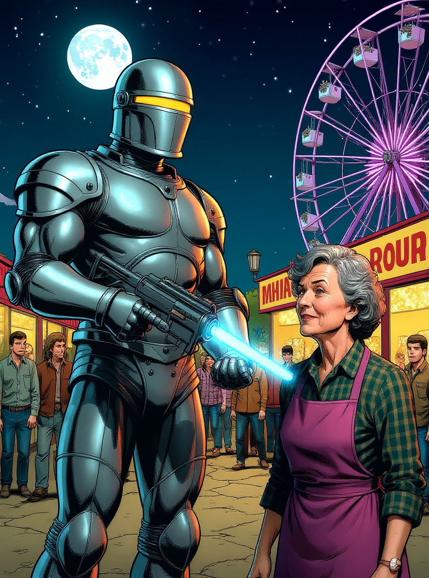 Rom raises the Neutralizer, energy gathering, Mrs. Hargrove recoiling, background families confused but unaware of danger.