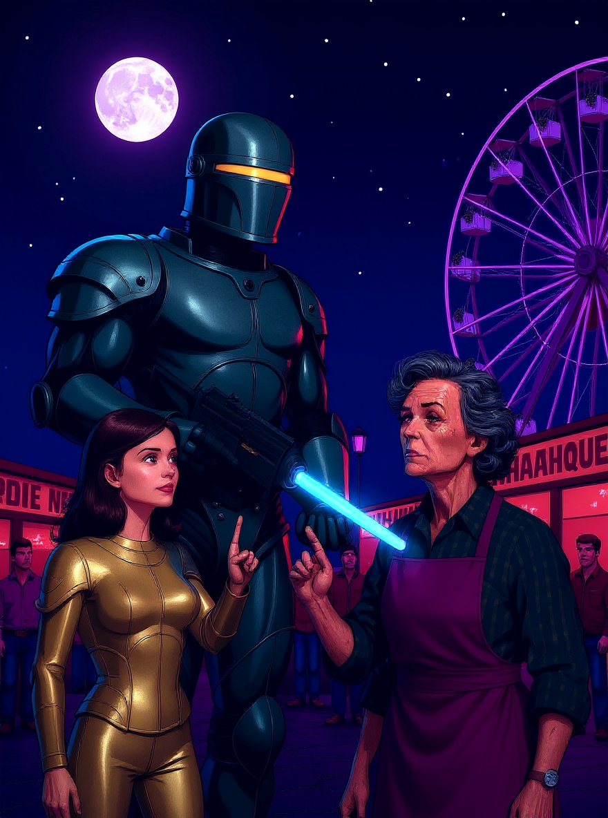 Rom looks up at the sky, Galador's orbital ship glinting faintly above, his armor aglow in moonlight as Brandy stands beside him; the fairground now empty and quiet.