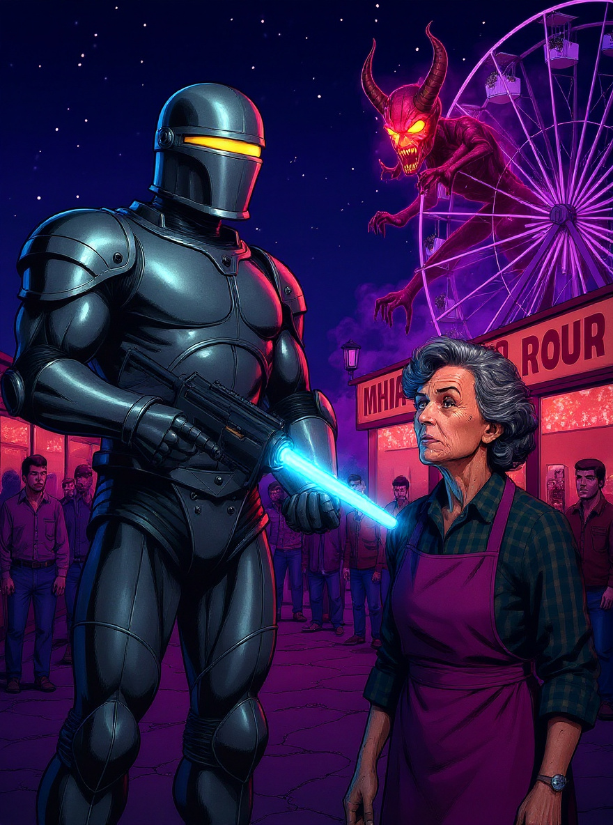 The Neutralizer fires a searing white-cyan beam, enveloping Mrs. Hargrove; her human guise strips away revealing a crimson, horn-crowned Wraith silhouette, energy flaring; townsfolk scatter in fear, streaks of white and yellow lighting up the purple night.