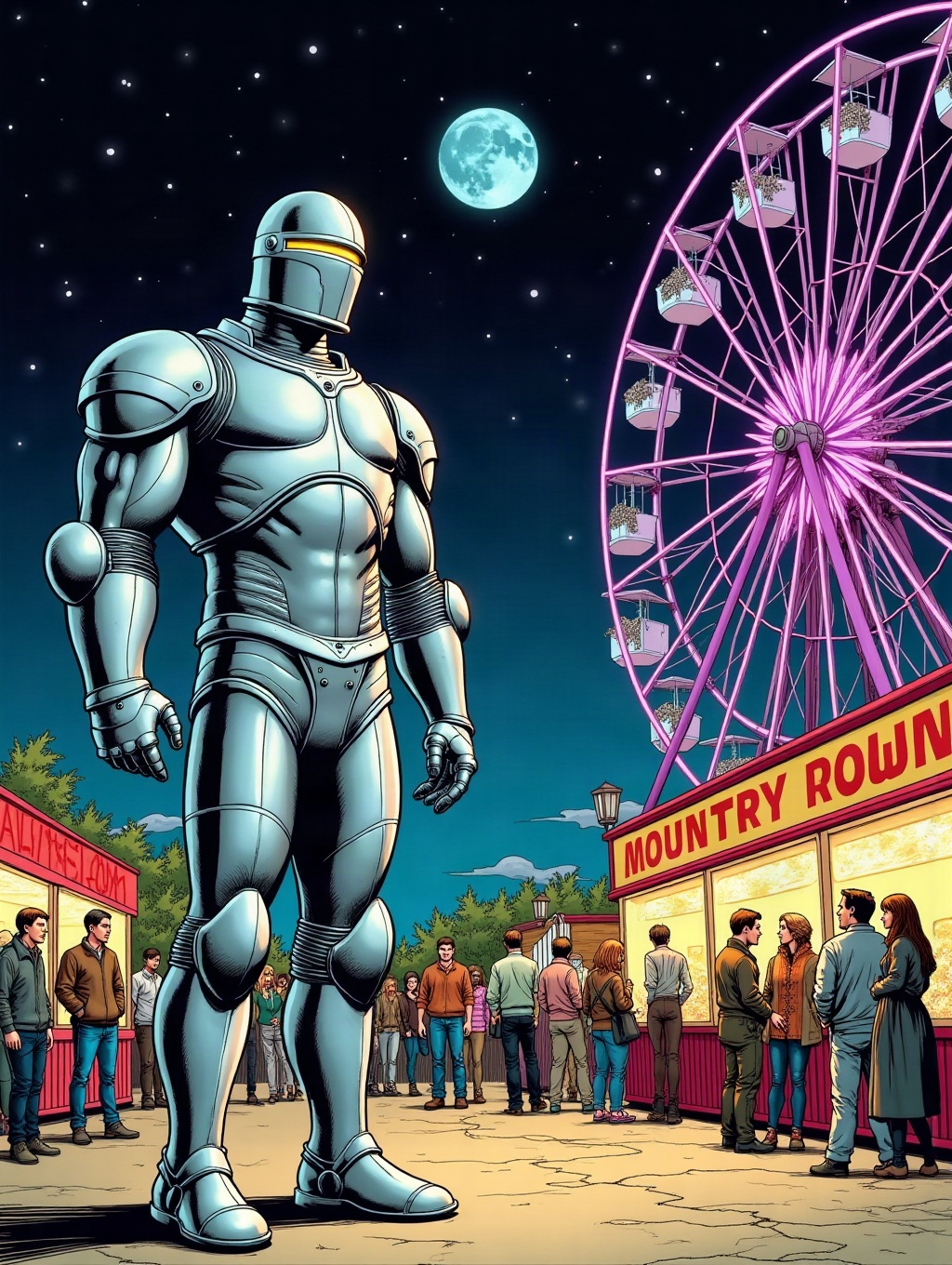 Firefall in gunmetal-red armor stands at the fair’s edge, fists glowing faintly, watching the crowd warily.