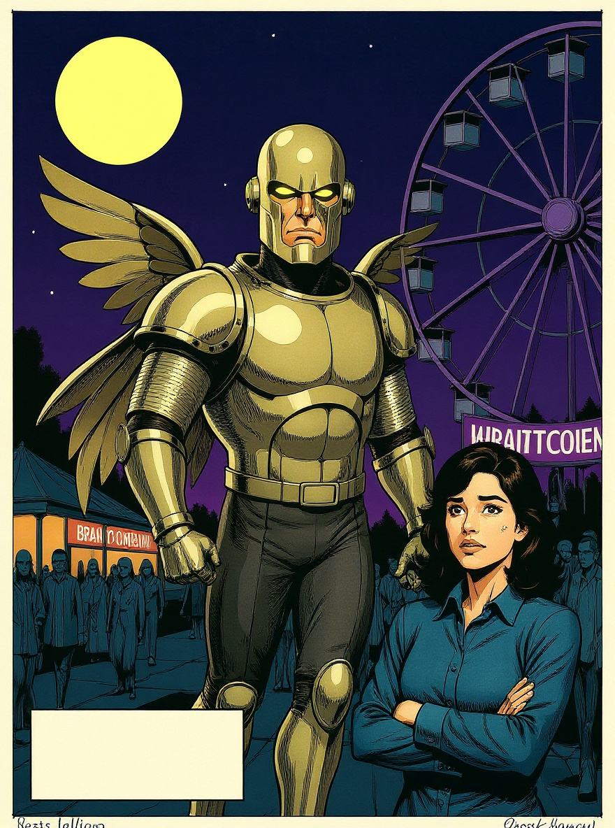 Starshine hovers above the fair, pale gold armor glowing, scanning the crowd; Ferris wheel and booths below, people unaware.