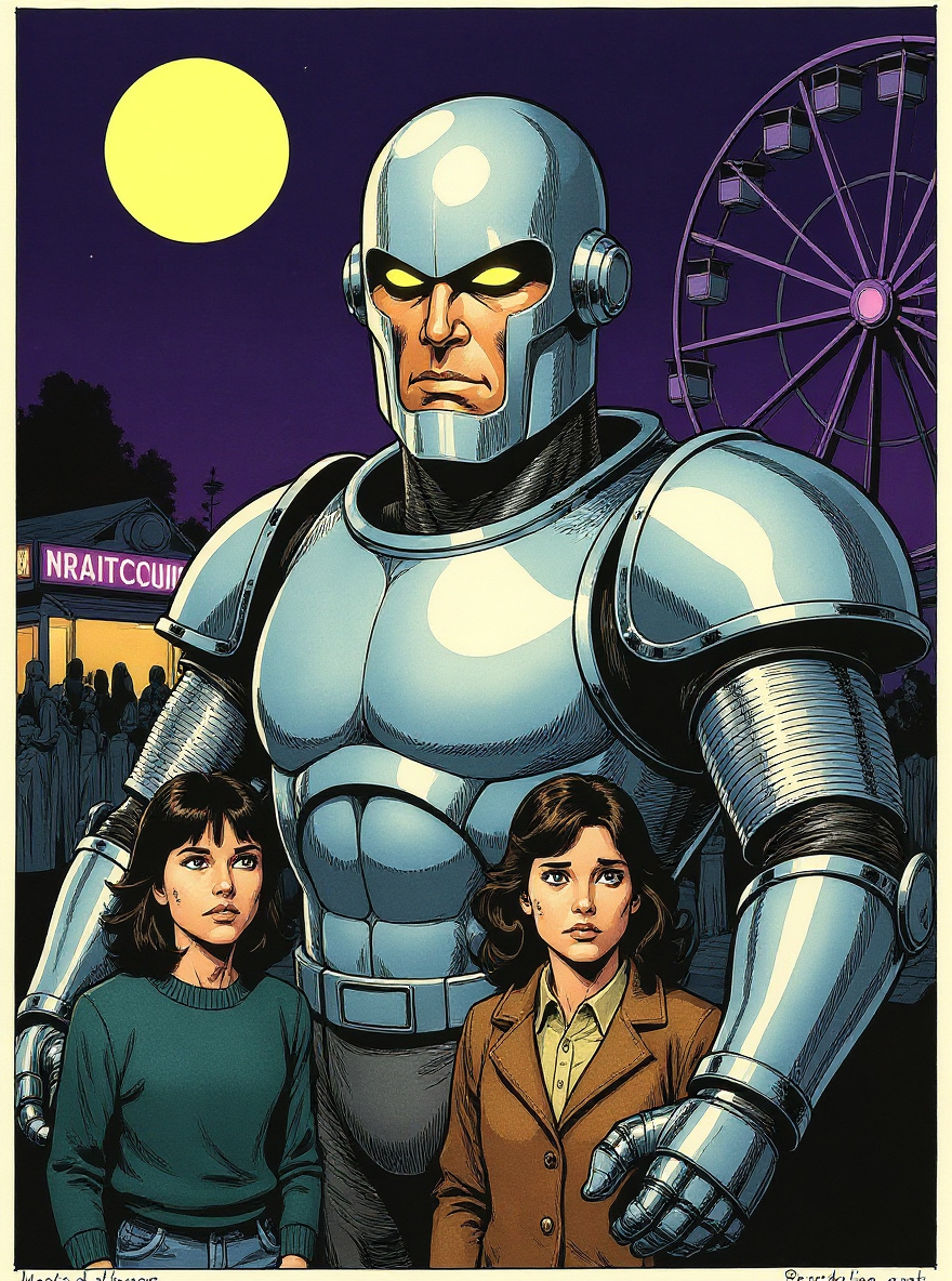 Rom, imposing, watches a boy in an orange windbreaker holding his mother's hand; Brandy approaches from the side, concern on her face, fair lights flickering in background.