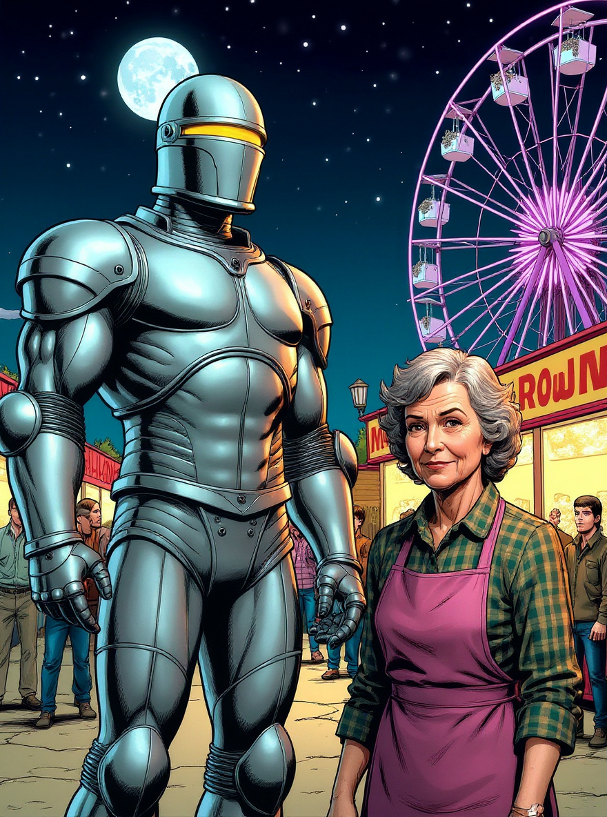 Rom's POV: crowds blur as he scans, a faint psychic aura leads to Mrs. Hargrove, the cotton-candy vendor, her eyes glinting yellow.