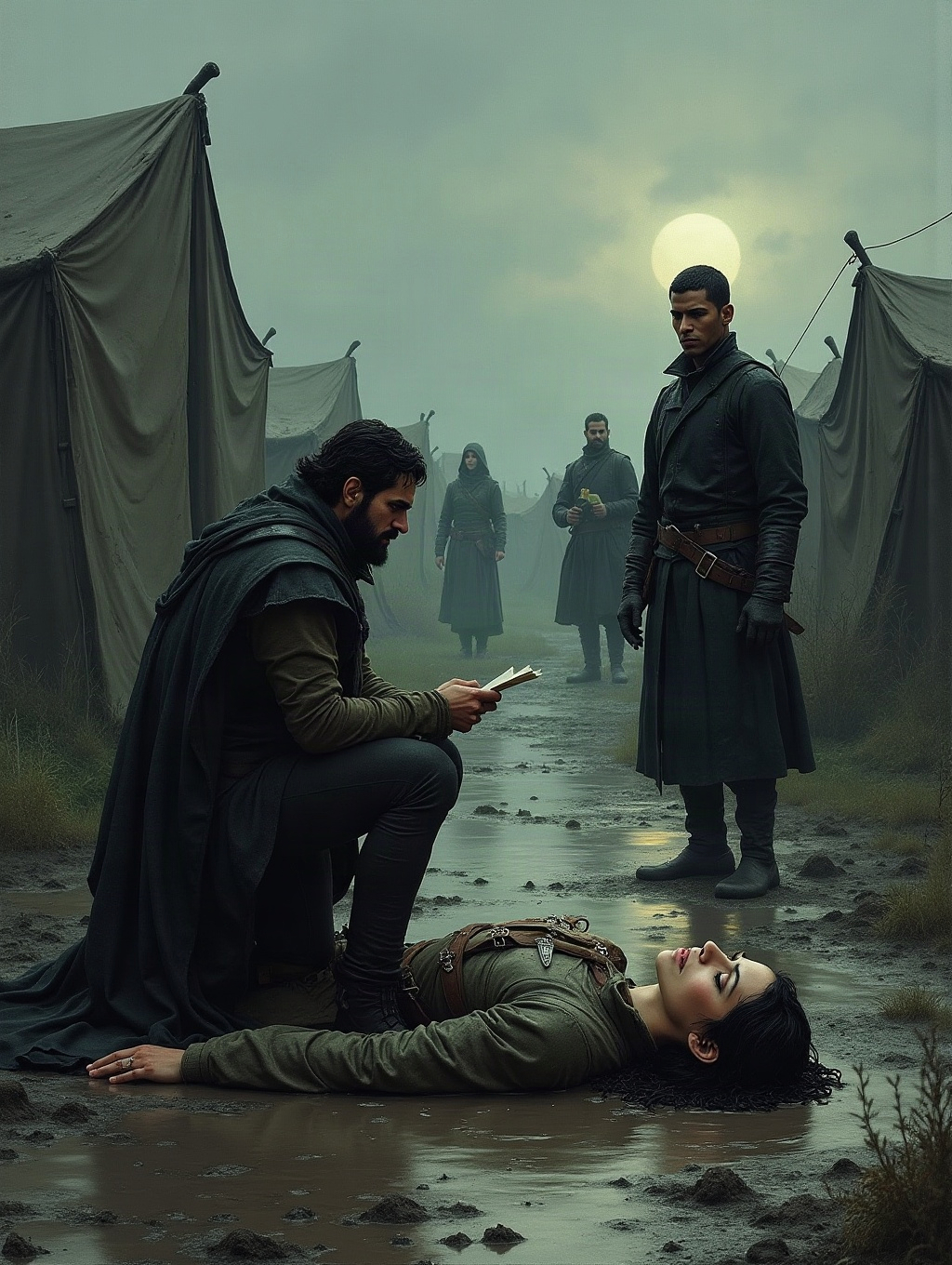 Croaker and two silent Company men lift Harp’s body, dirt and blood at the frame. The men’s faces are grim, anonymous in the Company’s black.