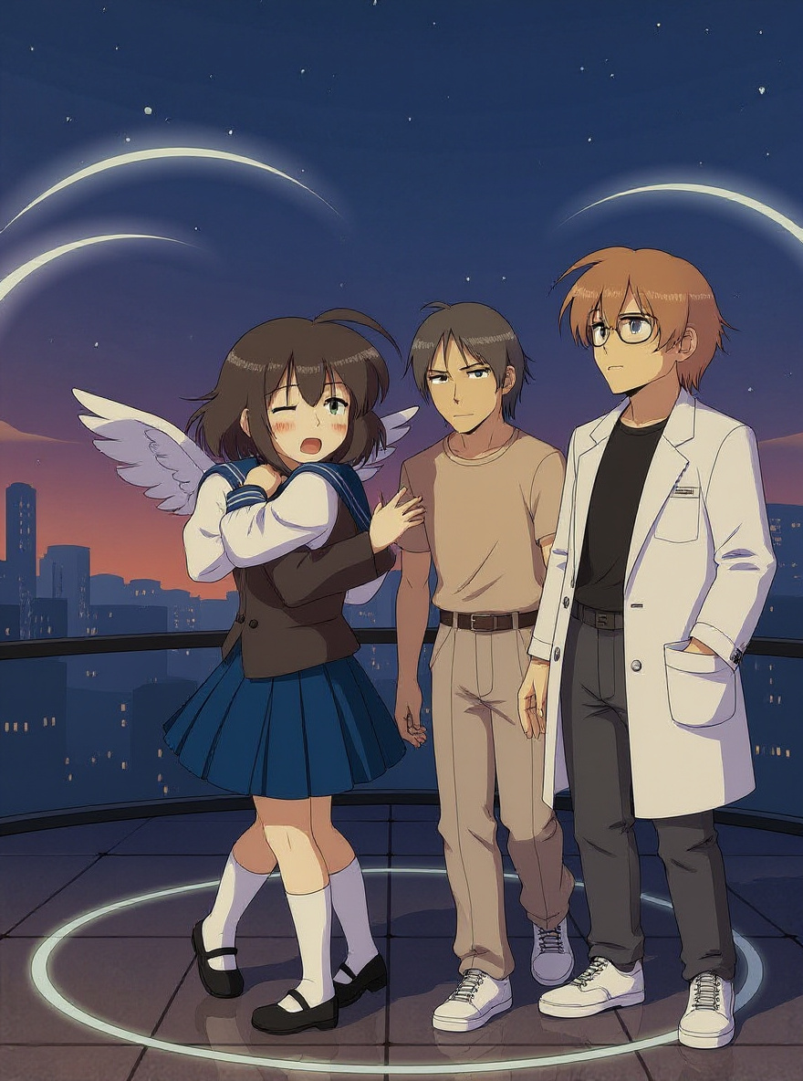 Tamayo and Icchan approach, city now bathed in night lights, Misaki holds Hikaru close, smiling warmly.