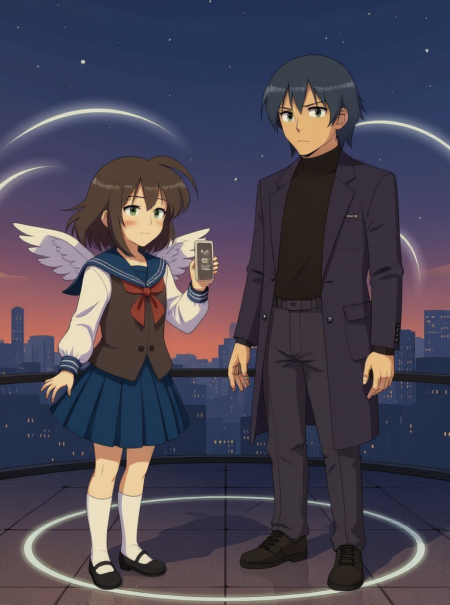 Sai offers Misaki a rare, respectful smile as they collect their Angels, city lights twinkling.