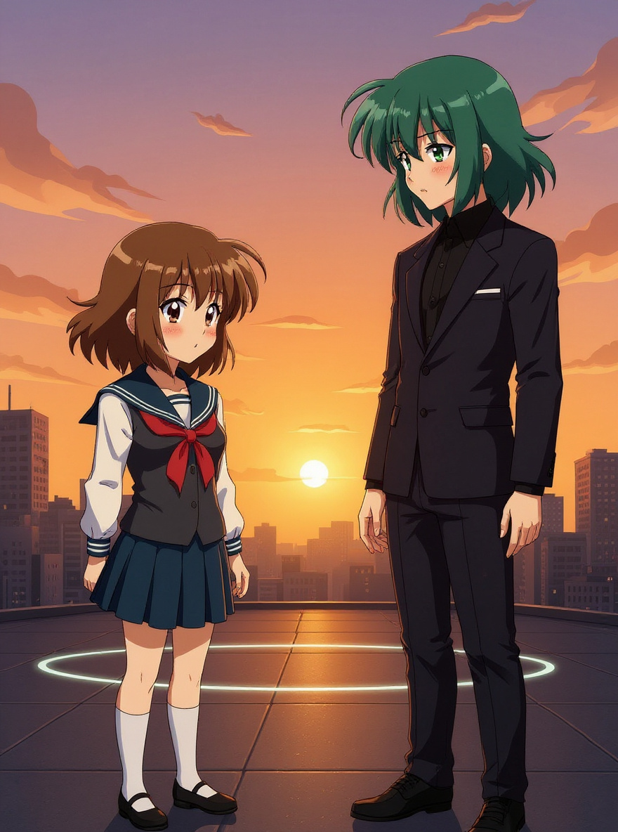 A gleaming Tokyo rooftop at sunset, Layer arena projection glowing, Misaki and Sai facing off with their Angels, city skyline and swirling wind in the background.