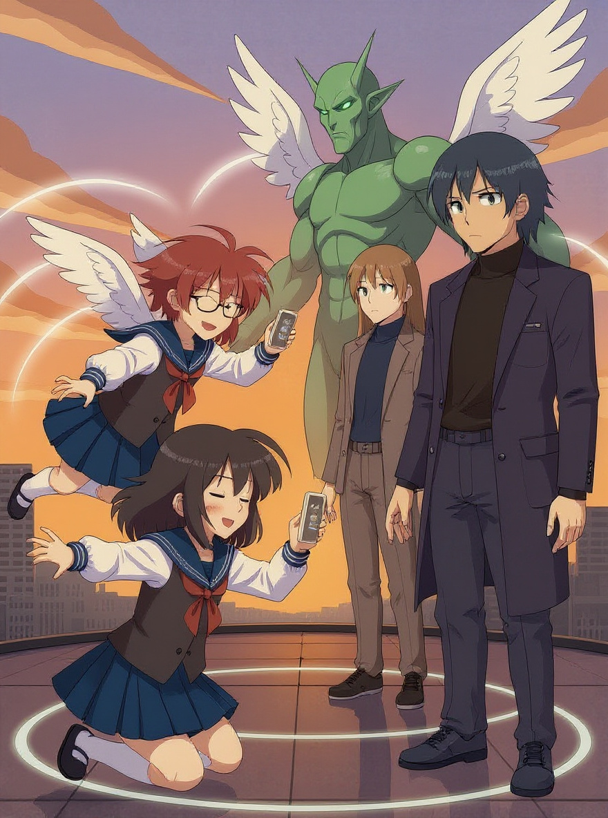 Hikaru deftly spins and taps Helene, who topples from the Layer with the city skyline and windblown clouds behind. Misaki stands, arms raised in victory at the Layer edge.
