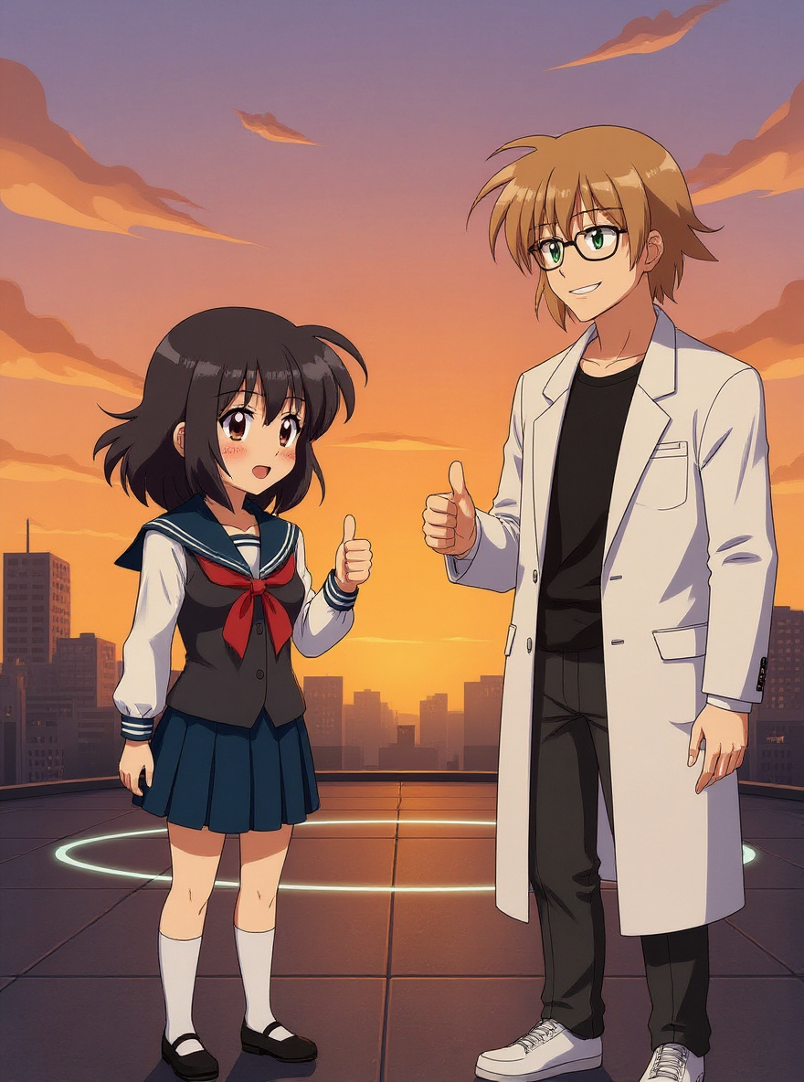 Misaki stands at the Layer's edge, Tamayo gives her a wild thumbs-up, Hatoko nods supportively. Icchan adjusts his glasses in the background.
