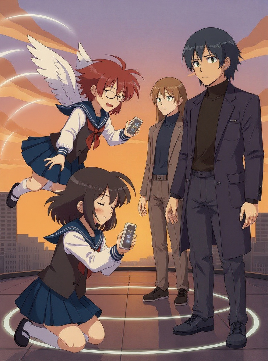 Hikaru, caught in an updraft, regains balance with a daring leap, her face determined. Misaki's hand hovers gently over the controller, eyes closed, trusting Hikaru.