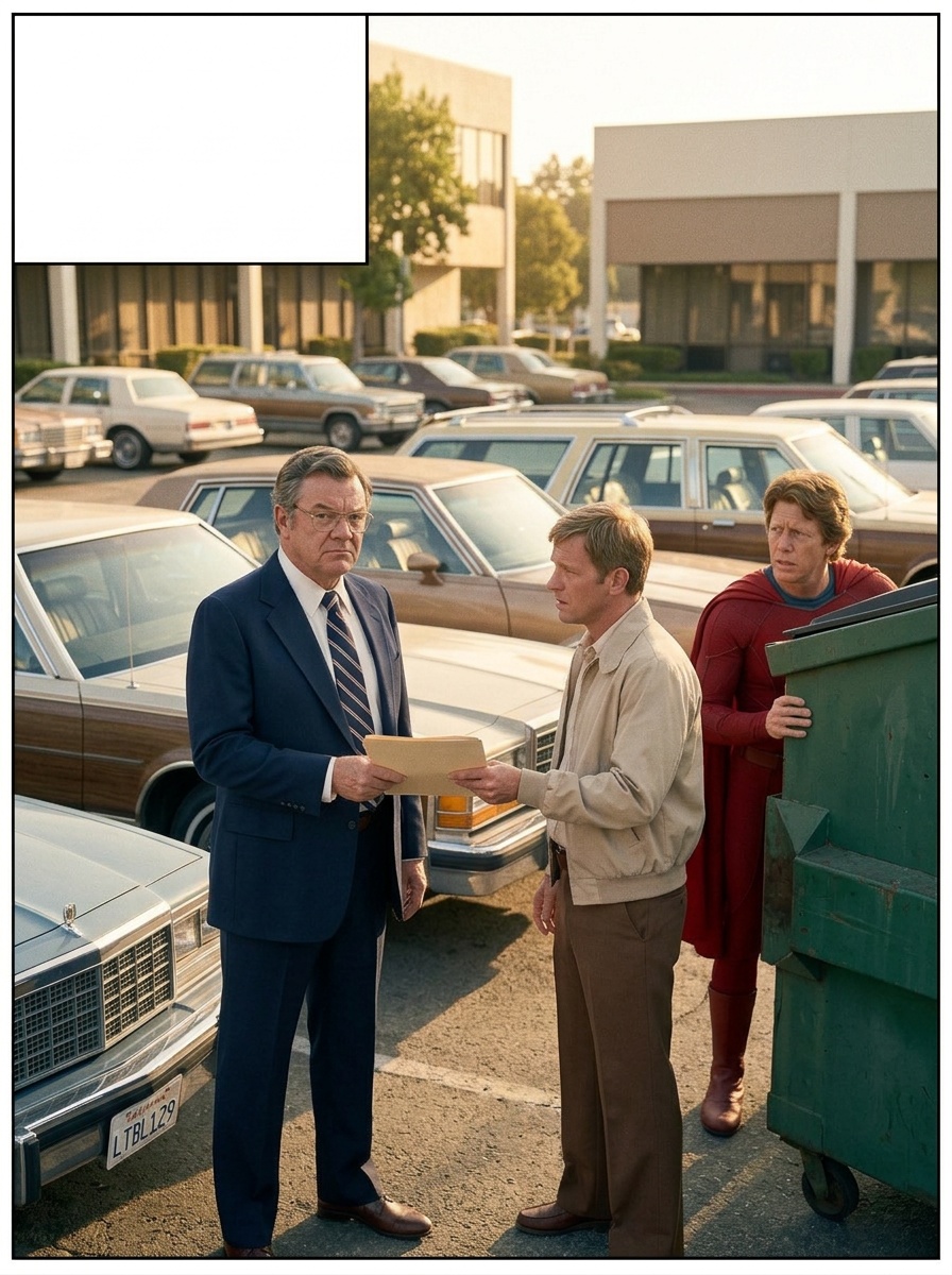 Nondescript office complex, Turner (navy suit) stands with Gaines (beige jacket, nervous); Turner hands over a folder, both looking tense.