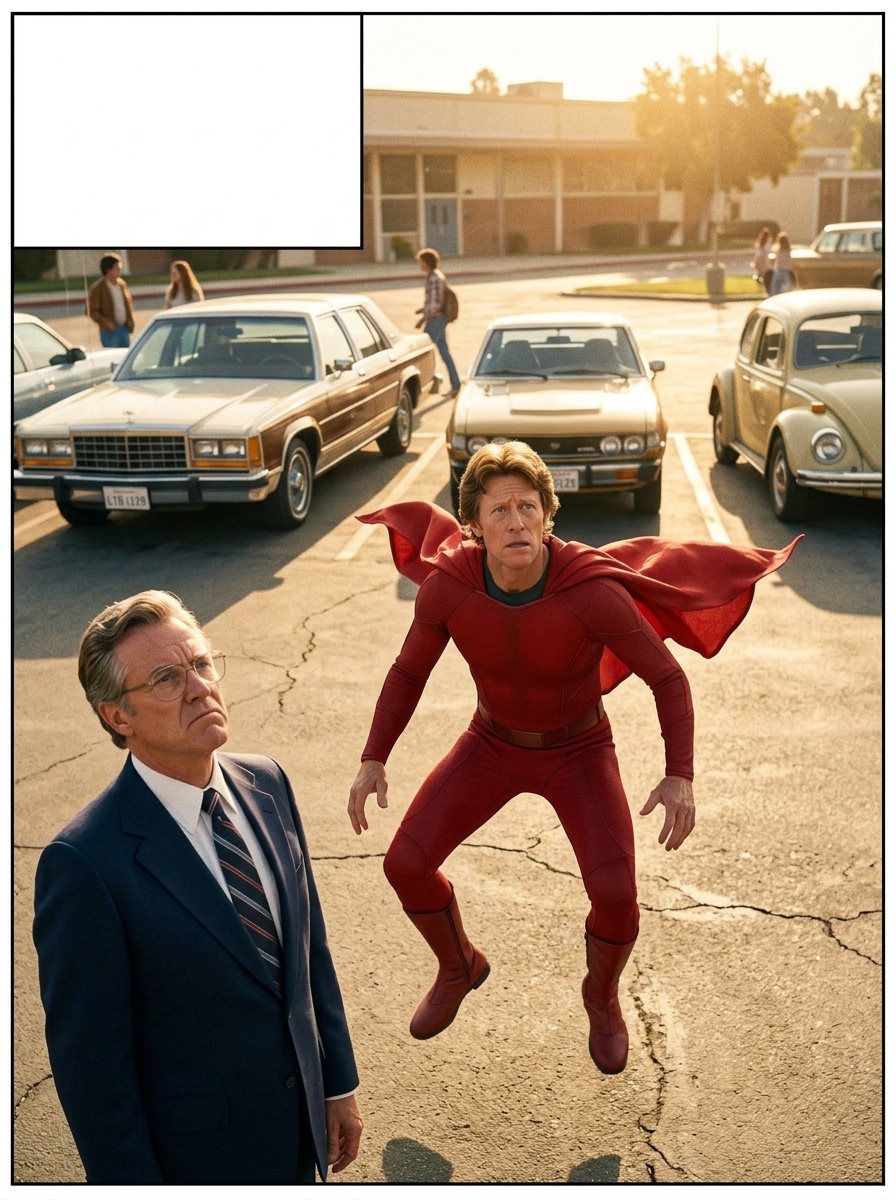 Bright California parking lot, Turner (stern white man, navy suit, glasses) gets into his car; Ralph, in the red suit, launches himself awkwardly skyward, cape flapping.