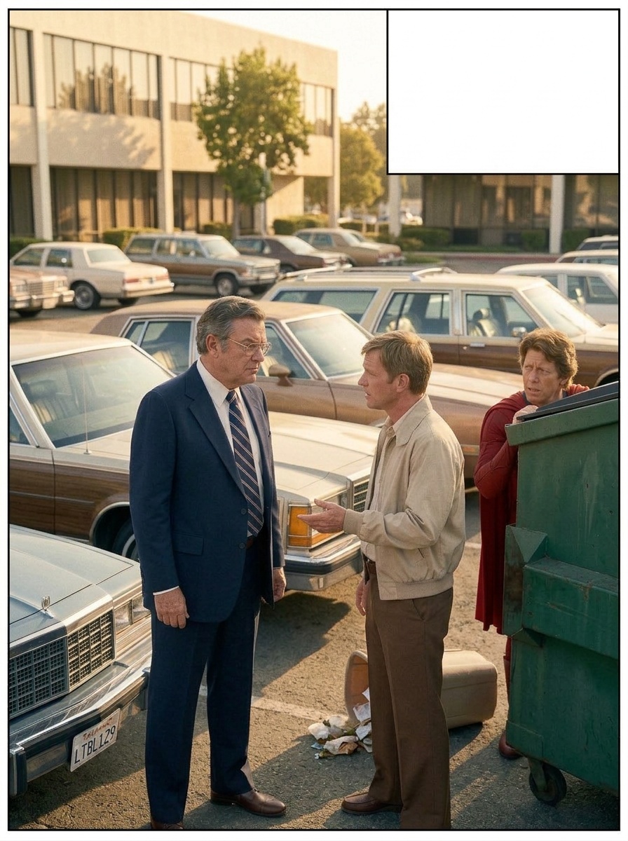 Ralph, crouched awkwardly, accidentally knocks over a trash can; Turner and Gaines look up in alarm.