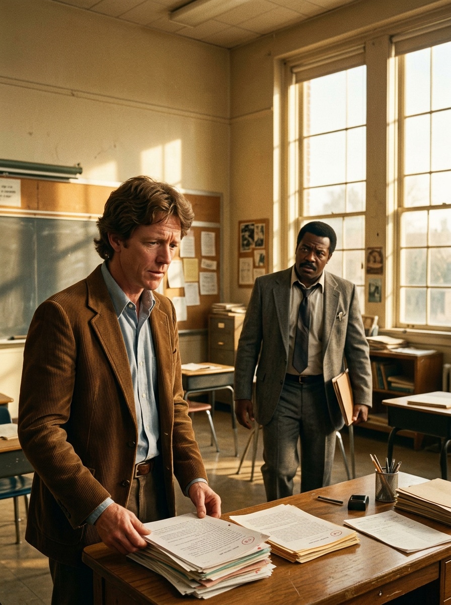 Morning sunlight streams into a 1981 high-school classroom; Ralph, medium-brown hair, corduroy jacket, kind worried eyes, stands near his desk, glancing at a pile of essays, as Bill Maxwell, stocky Black man in rumpled suit and loosened tie, enters with a thin folder.