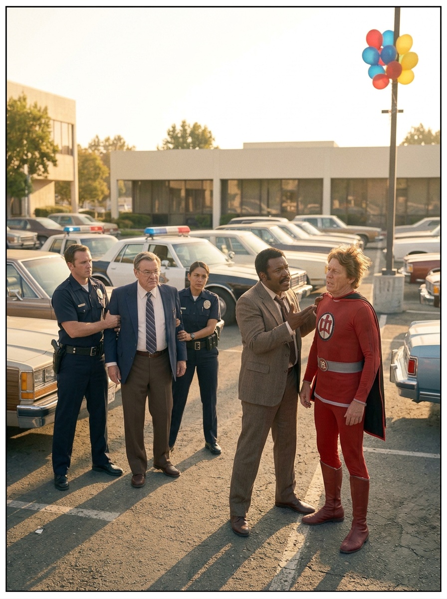 Office lot, Bill (rumpled suit) and Ralph (red suit) stand by police car as officers lead Gaines and Turner away; Bill looks at Ralph with exasperated fondness.