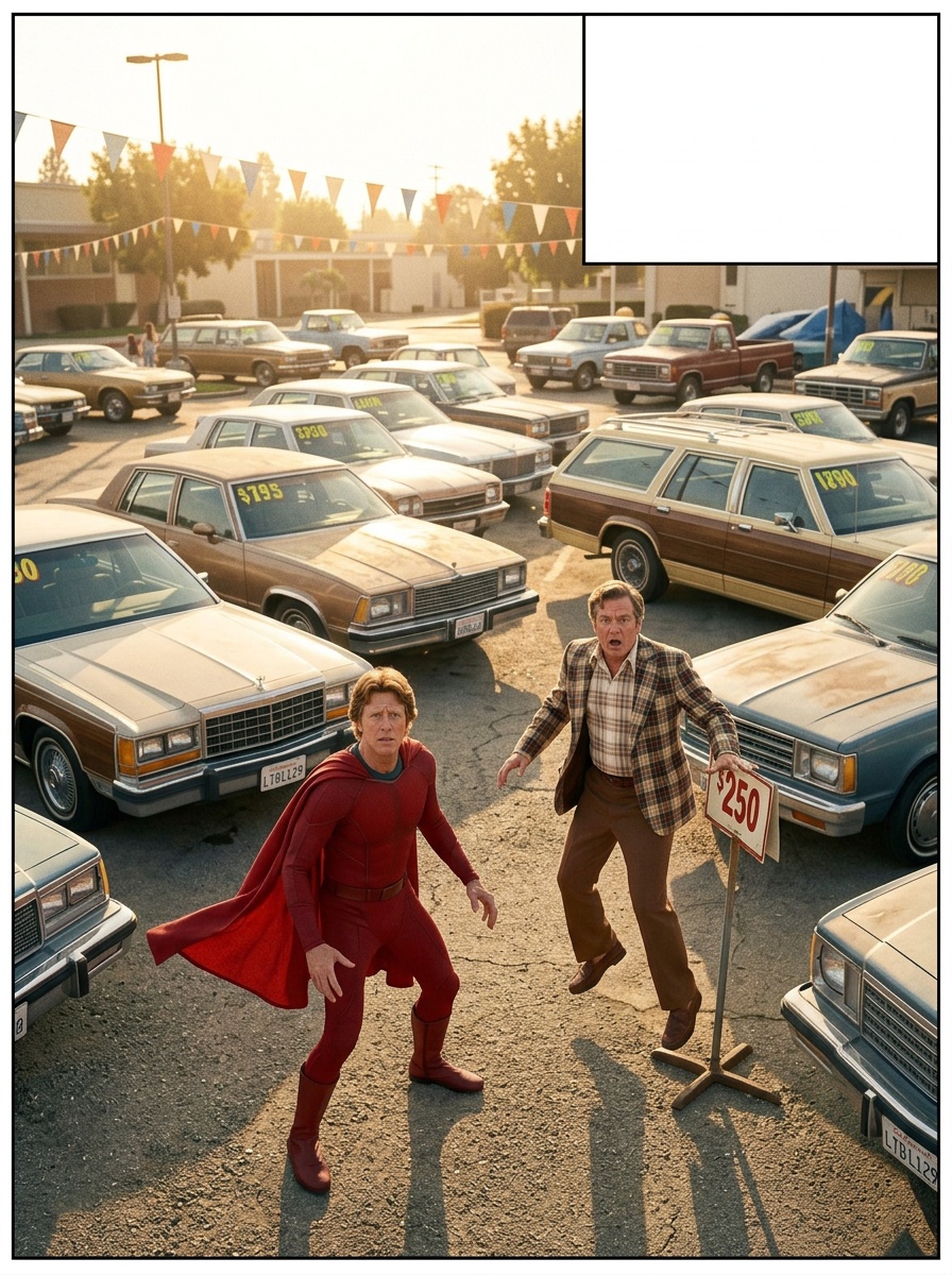 Used car lot, Ralph in red suit lands ungracefully behind a row of parked cars; startled salesman in background.