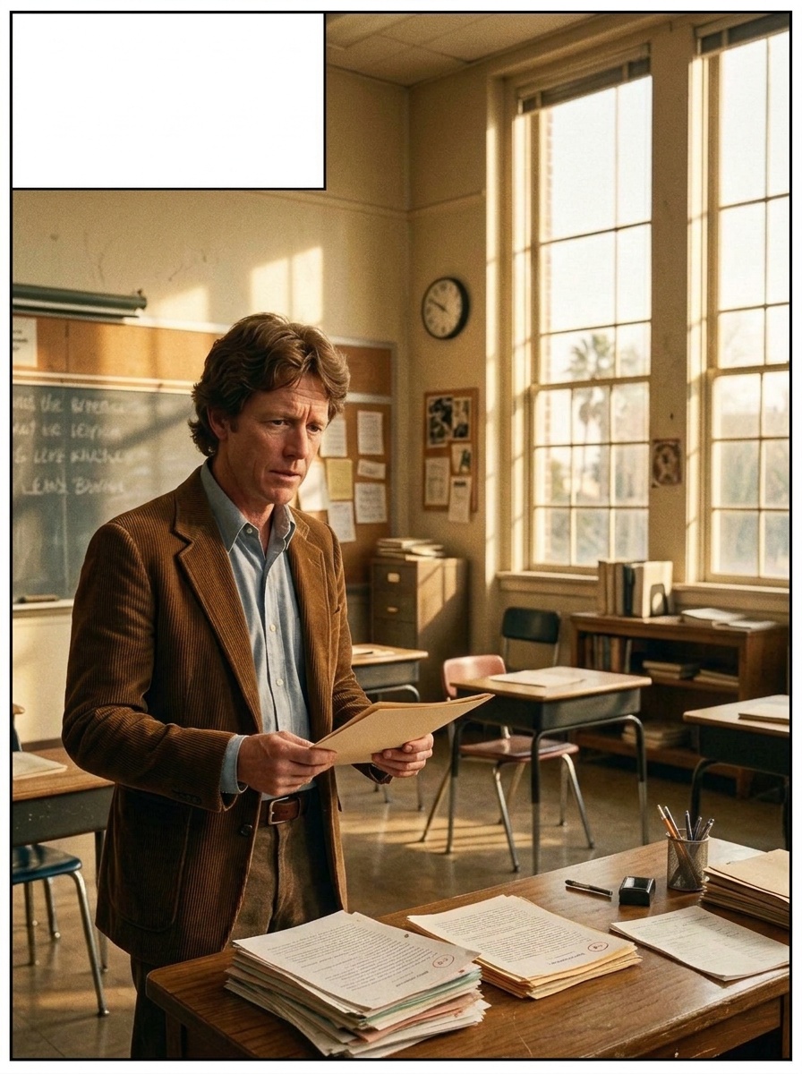 Ralph sits at his desk, folder in hand, looking over at a clock and out the window, anxious.