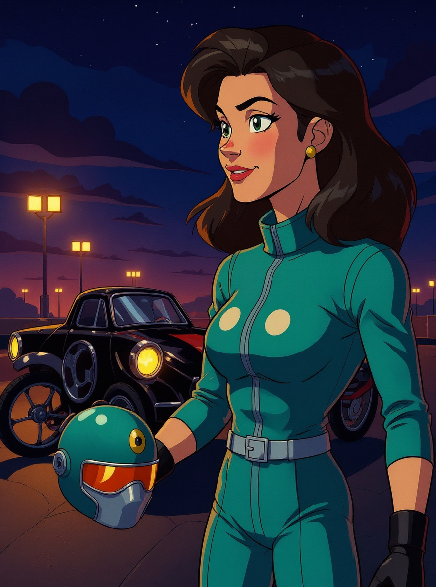 Gloria, helmet in hand, studies VENOM's car idling under harsh lights across the bay.