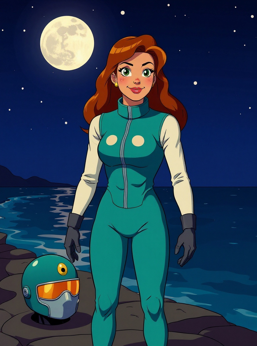 Gloria alone, facing the bay, helmet at her feet, torn between duty and desire.