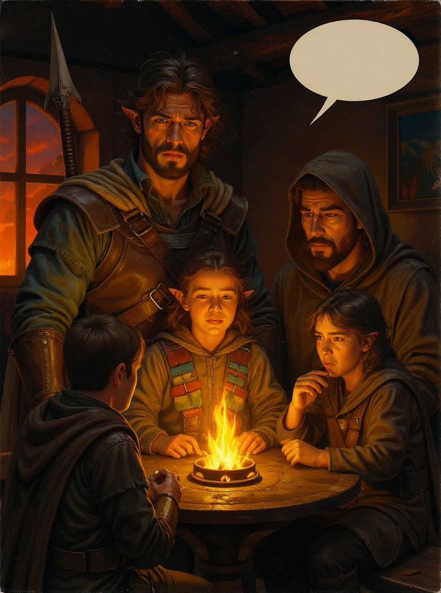 The Companions gathered at a round table near the fire in the Inn of the Last Home. Outside, red autumn leaves drift past the window; inside, pine rafters and warm firelight set the mood. In the shadowed background, the Dragonarmy Scout sits alone, hood up, eyes sharp on the group.