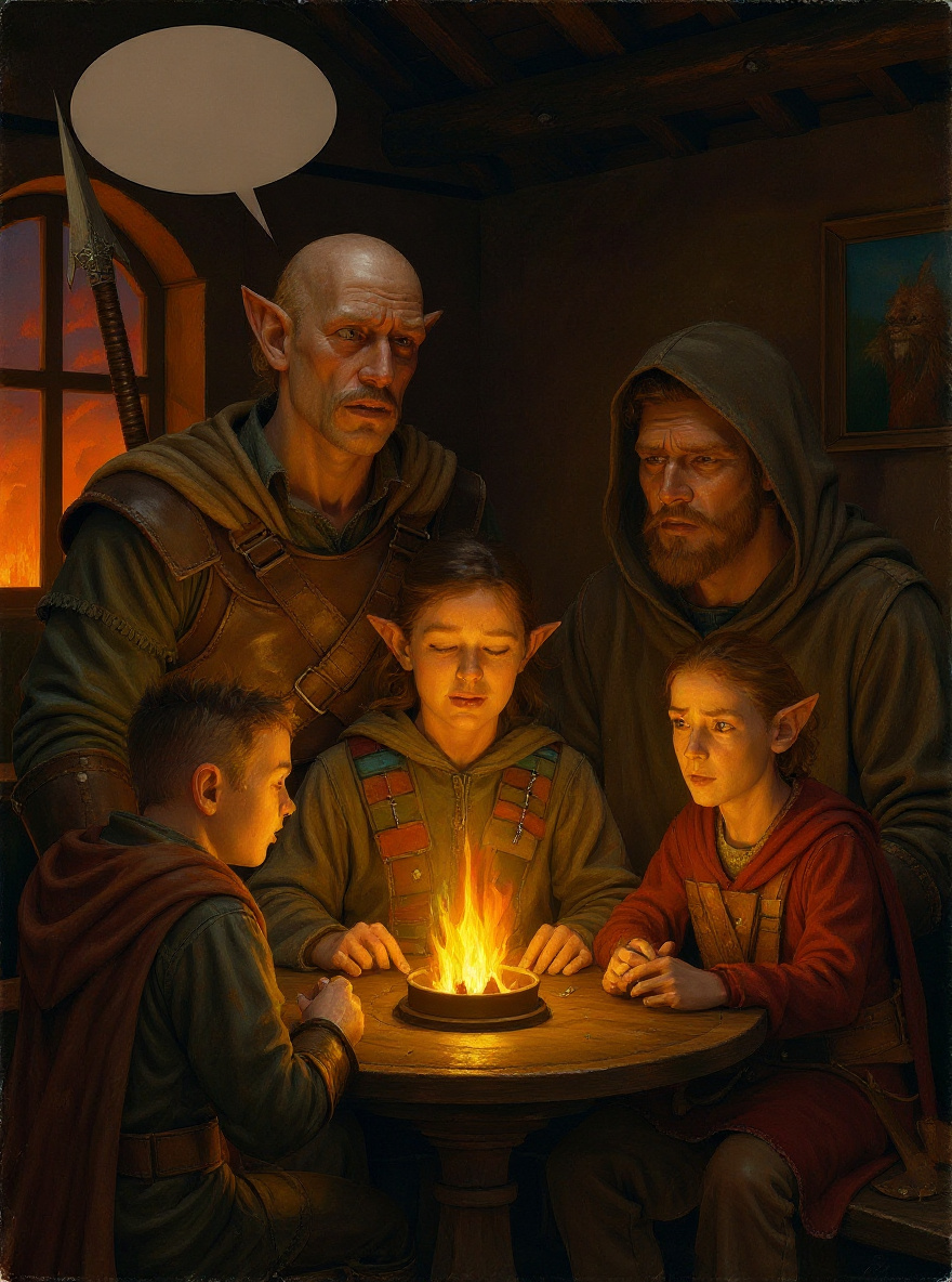 Tanis leans in, whispering, eyes flicking toward the Scout. Tasslehoff grins, half out of his seat.