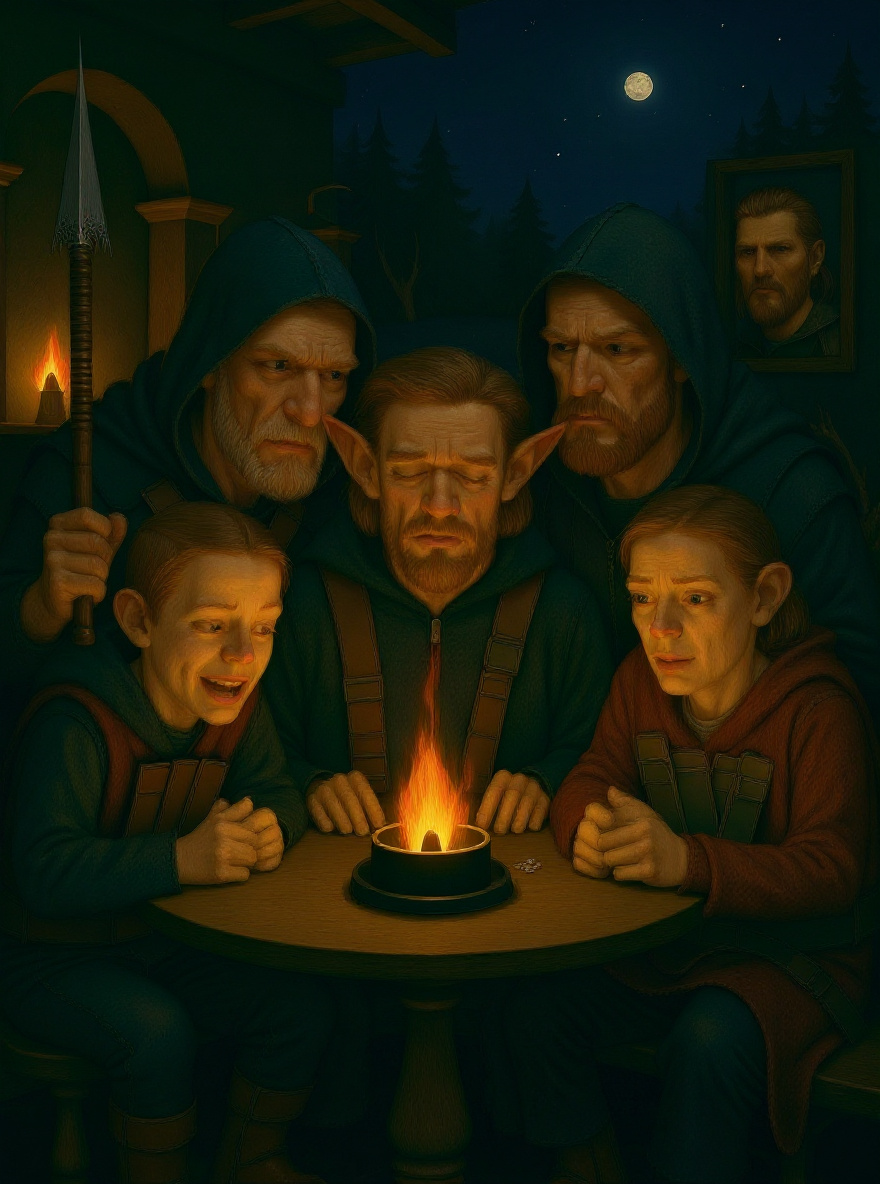 The Scout and Sturm lock eyes in the inn’s doorway, tension peaked; outside in the shadows, Tanis, Flint, and Tasslehoff slip away into the pine-dark night.