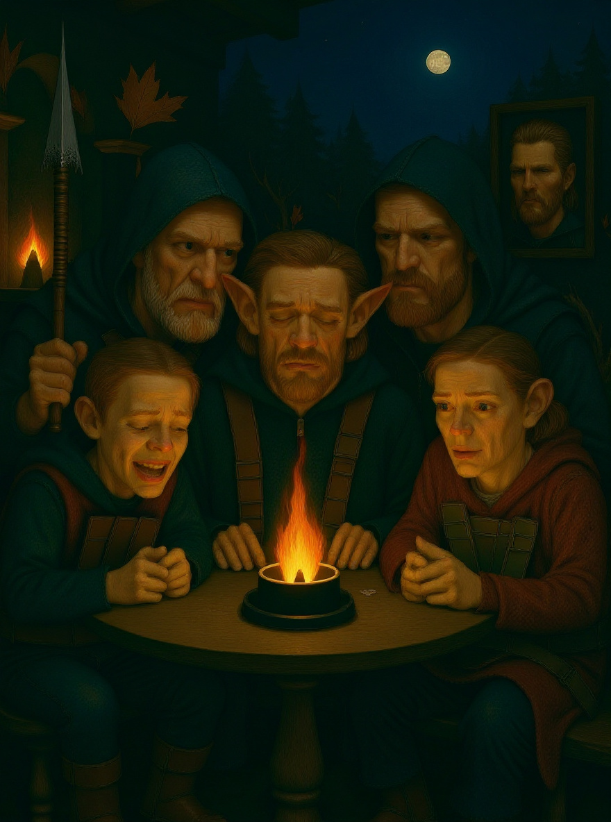 The Companions regroup outside in the moonlit pines; Tanis looks back, troubled.