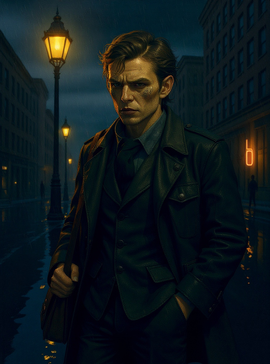Benny, half in shadow, hesitates under a dripping streetlight, rain masking his expression.