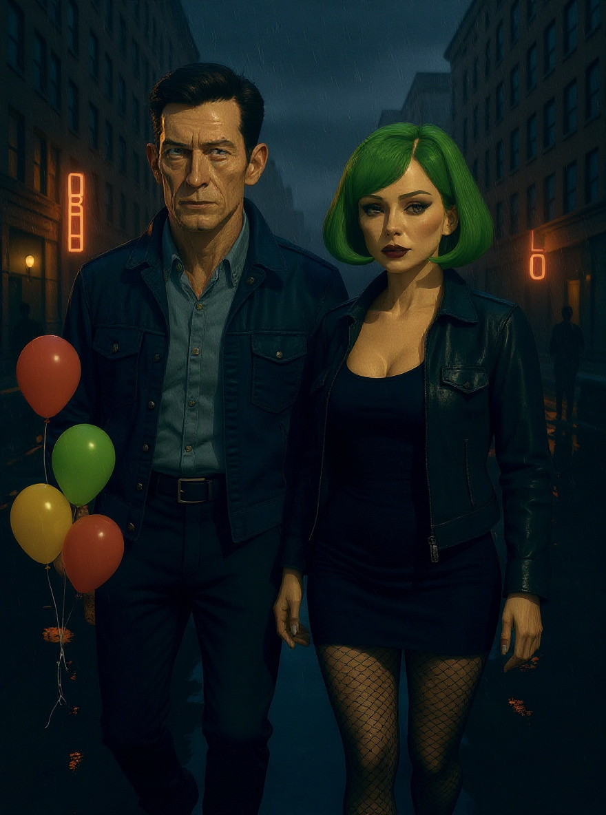 The Stranger leads Benny through a narrow, graffiti-tagged alley, her green wig a beacon ahead. Trash fires glow in distant barrels.
