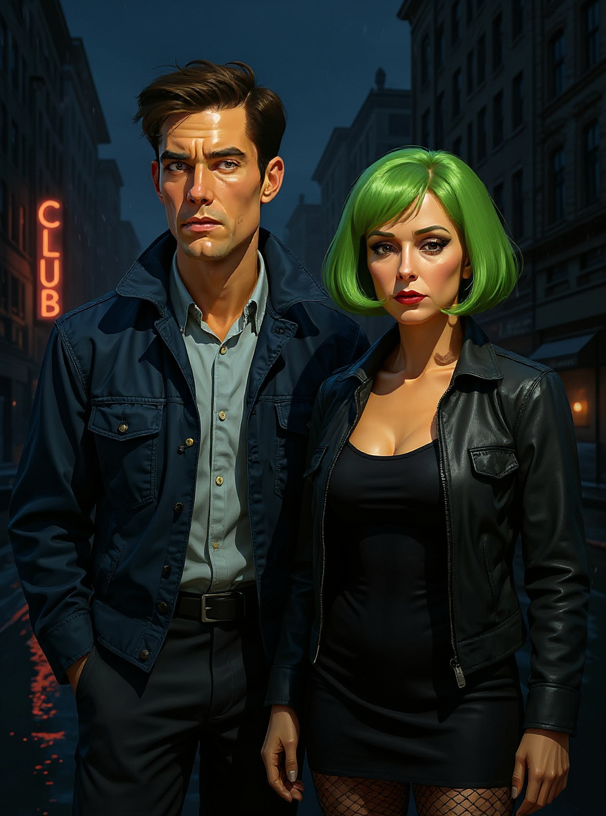 Nighttime, rain-soaked Lower East Side street. Benny Profane stands alone under a flickering neon club sign, trench coat collar up, as rain and city lights blur the world. The silhouette of the Green-Wigged Stranger is visible in the club doorway, framed in green light.
