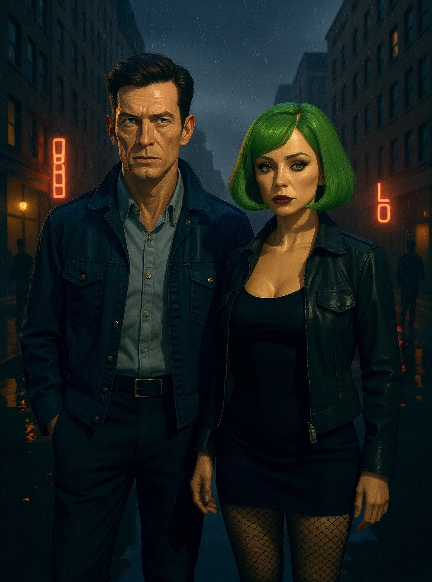 Outside the club, rain streaking the city, the Stranger tugs Benny’s hand. Their figures are silhouetted against wet pavement, neon reflecting in puddles.