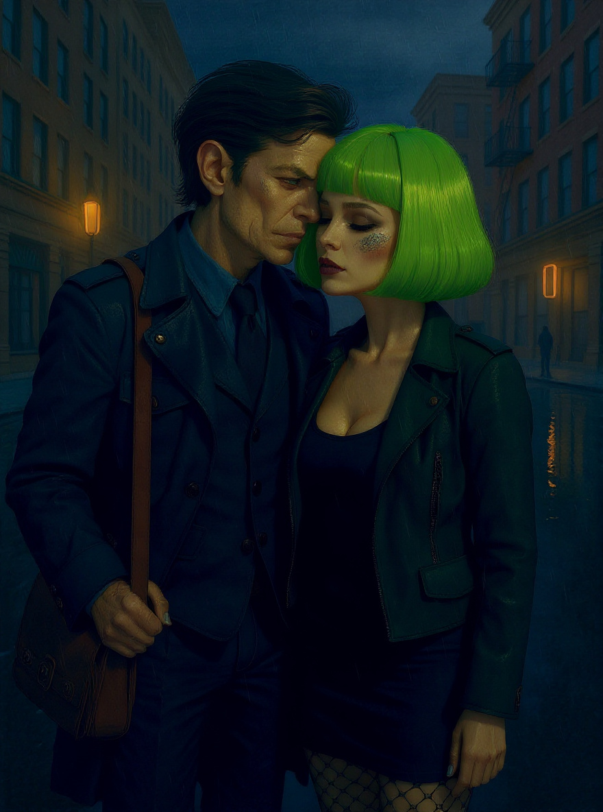 Painterly close-up: Benny and the Stranger share a brief, intimate kiss in the fog, rain catching the green wig and his tousled hair, the city indistinct behind them.